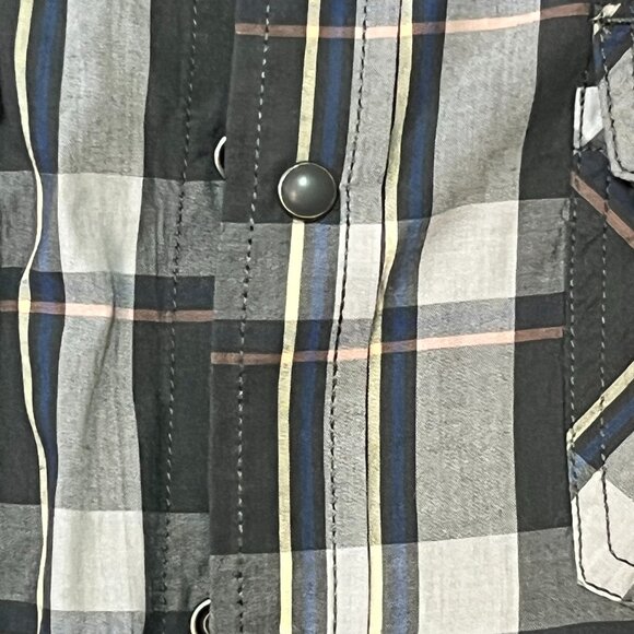 American Rag Mens Large Gray Blue Plaid Snap Button Short Sleeve Shirt - Picture 4 of 7